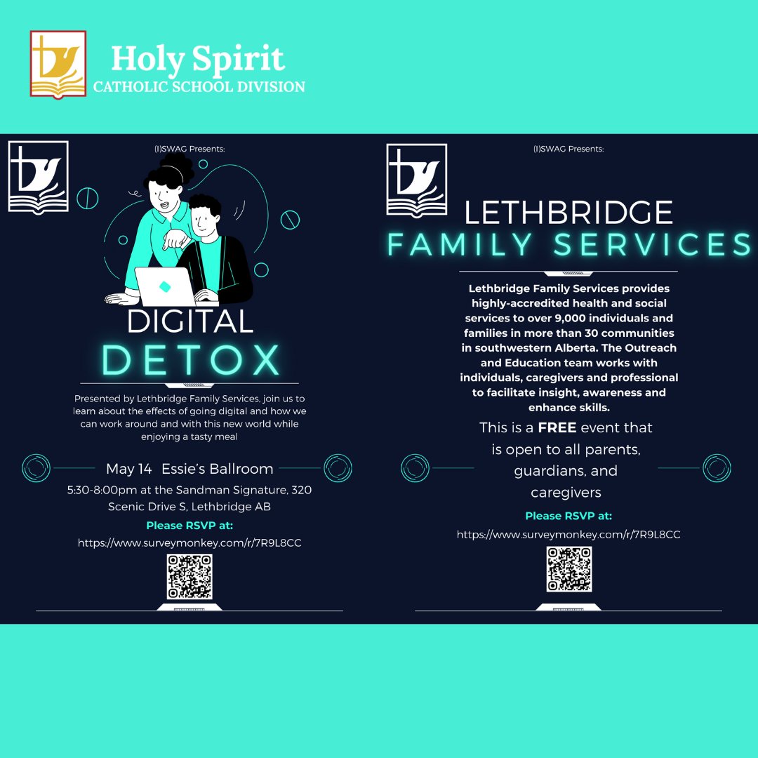 Join the Holy Spirit Catholic School Division and @lfsfamily on Tuesday, May 14, for a Mental Health Parent Night Learning Session to talk about Digital Detox. Please follow the link below or the QR code to RSVP for this important event. surveymonkey.com/r/7R9L8CC #MentalHealth #hs4