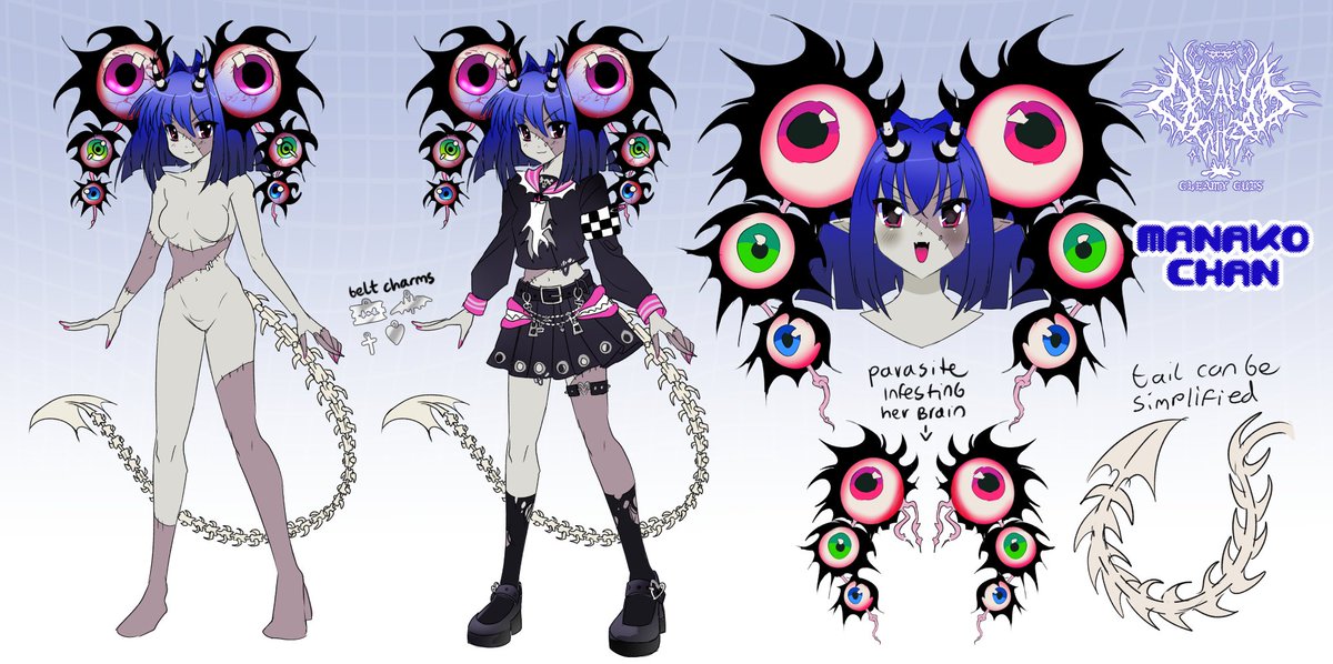 Manako Chan is my mascot! She was once a normal girl until she got infected by the brainrot parasite and turned into a zombie. Ever since then she needs to watch shortform content on the internet or else she will die. The parasite injects tiktoks directly into her brain.