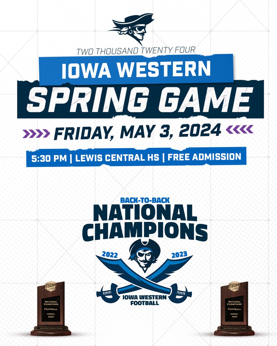 REIVER FOOTBALL FANS! The 2024 @ReiverFootball Blue/White Spring Game is next Friday at 5:30 pm from Lewis Central HS. Admission is FREE, come out and support the defending back-to-back champs! #SailsUP 🏴‍☠️