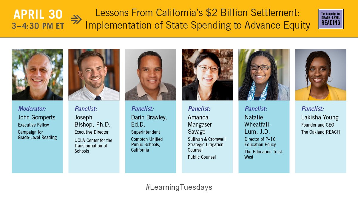 Join CTS, <a href="/readingby3rd/">Campaign for Grade-Level Reading</a>, <a href="/PublicCounsel/">Public Counsel</a>, <a href="/EdTrustWest/">EdTrust-West</a> &amp; <a href="/TheOaklandREACH/">The Oakland REACH</a> April 30 @ 12pm PT to explore the legal strategy &amp; implications of CA's recent $2BN settlement for all states &amp; local education leaders advancing #equity. RSVP: ow.ly/1Ibi50QolLE #LearningTuesdays