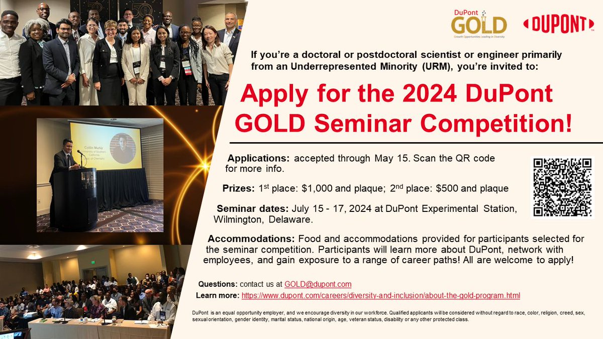 DuPont is accepting applications for the GOLD (Growth Opportunities Leading in Diversity) program - primarily focusing on students from underrepresented populations. This is a good opportunity for grad students and post-doctoral fellows! Learn more: dupont.com/careers/divers…