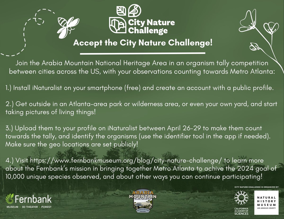 [THREAD] Calling all naturalists! Starting tomorrow, you can participate in the Atlanta City Nature Challenge 2024, lead locally by the Fernbank Museum. The City Nature Challenge was started in 2016 by the California Academy of Sciences and the…