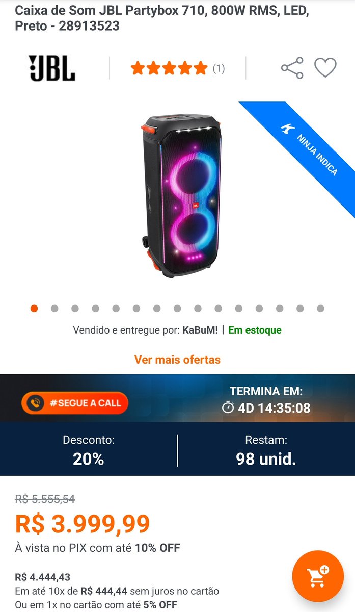 *JBL Partybox 710 Caixa de Som, 800W RMS, LED, Preto*

👉 *A partir de R$ 3.599,99🔥*

🏷️ Usar cupom *AUDIO10OFF*

🛍️ *PEGAR PROMOÇÃO:*
bit.ly/49c9ui4

🔵 _Grupo Vizzuali Tech:_
bit.ly/47TEYZZ