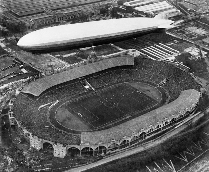 The Graf Zeppelin over Wembley Stadium on April 26, 1930, while the FA Cup final between Huddersfield Town and Arsenal was in progress. At around 776 ft long, the Zeppelin was bigger than two football pitches laid end to end. Arsenal won the final 2-0
