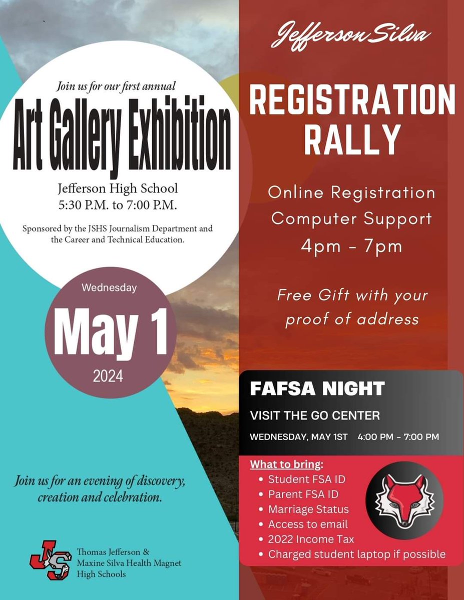 Join us for our first annual Art Gallery Exhibition and complete your 24-25 Online Registration or FAFSA while you're here! #bethechange @ELPASO_ISD @viva_lajeff