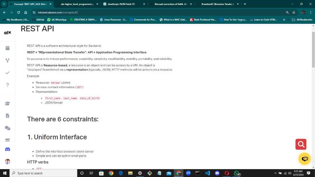 brendon4545's tweet photo. Day 43 &amp; 44 of #100daysofALXSE
Today, in our AirBnB RESTful API project l covered:
🌟 REST: Explored architectural style for networked apps, using HTTP methods like GET, POST, PUT, DELETE
🌐 Requesting REST API: Clients send HTTP requests, servers respond with data or outcomes. https://t.co/0TVk7FsBlG