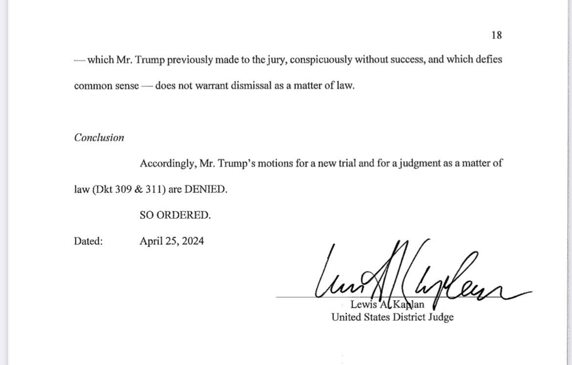 NY federal judge Kaplan denied Donald Trump's motion for a new trial in the E. Jean Carroll defamation case that has left the former President with a judgment of $80+ million.