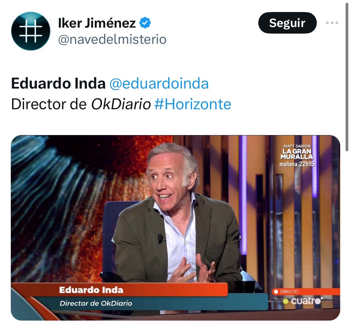 Vaya programita se le está quedando a Iker Jiménez hoy en #Horizonte. Se le ha colado un fantasma en plató. Vaya tela con el periodismo y la manera de informar de hoy día…. 🤮
