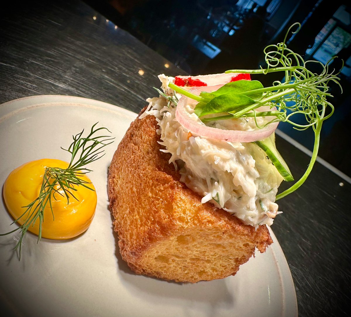 “Crab on toast” fresh kilkeel crab on toasted butter brioche, pickles, roast crab aioli, dill #proper #fresh #supportlocal #smallplates