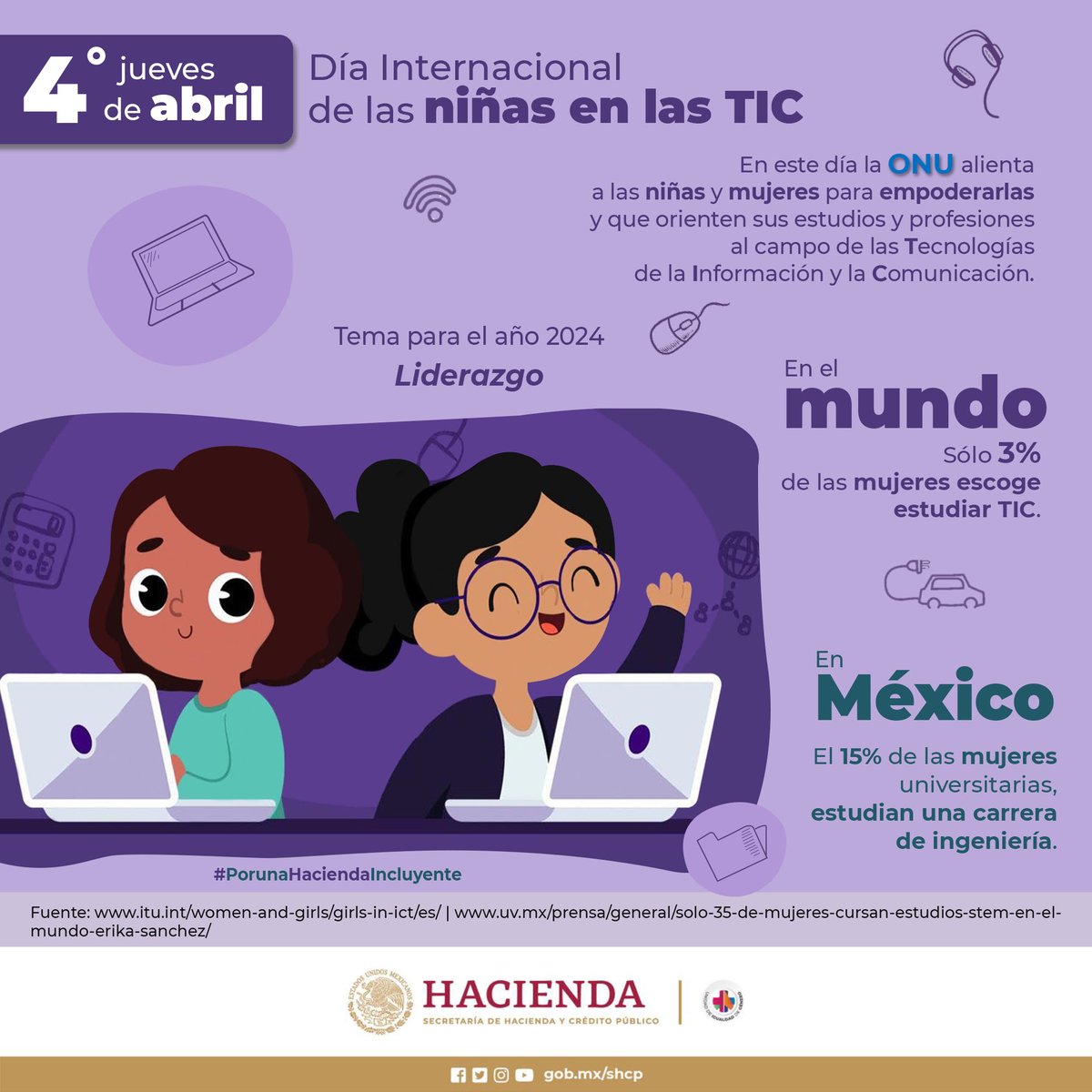 Hoy celebramos el Día Internacional de las Niñas en las Tecnologías de la Información y la Comunicación para promover la participación de las niñas y jóvenes en el campo de las ciencias. #EfemérideHacienda🗓️ #PorUnaHaciendaIncluyente