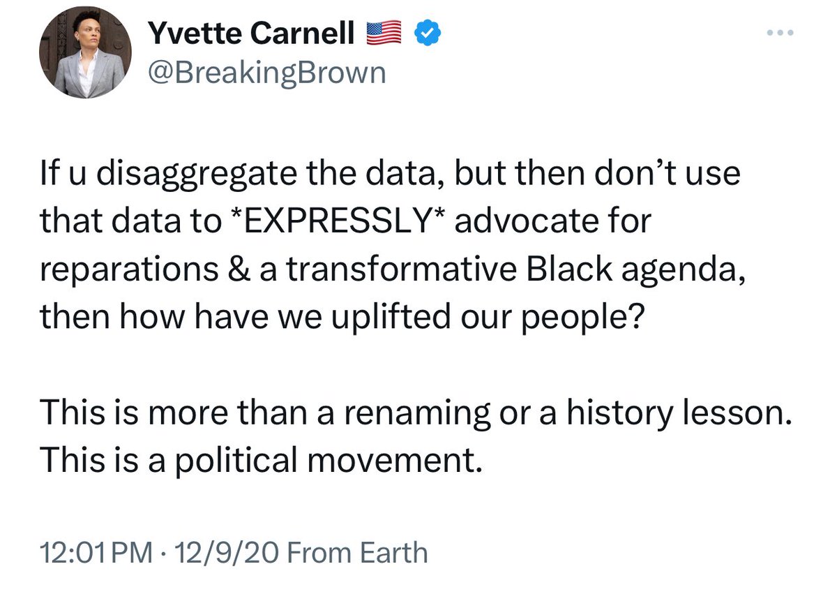Yvette’s drumbeat for disaggregating the data far precedes any splinter shenanigans. Folks can try to rewrite history out of spite all they want but the timeline is the timeline.