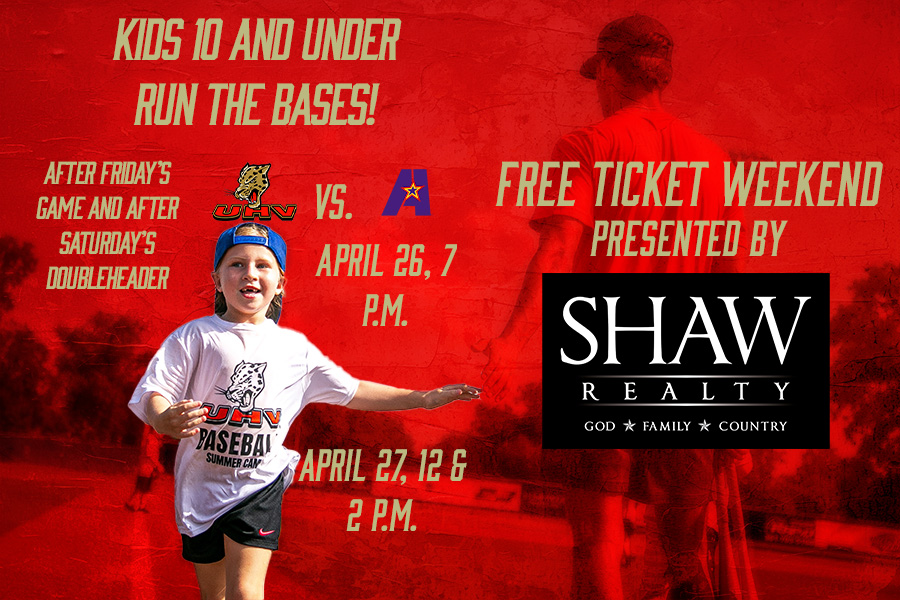 There's a little bit for everyone this weekend at Free Ticket Weekend by Shaw Realty!

Come cheer on Victoria's team against LSUA in their final home series of the season, and bring the kids! Kids 10 and under get to run the bases just like the Jags! #JagBall #ThisIsOurTeam
