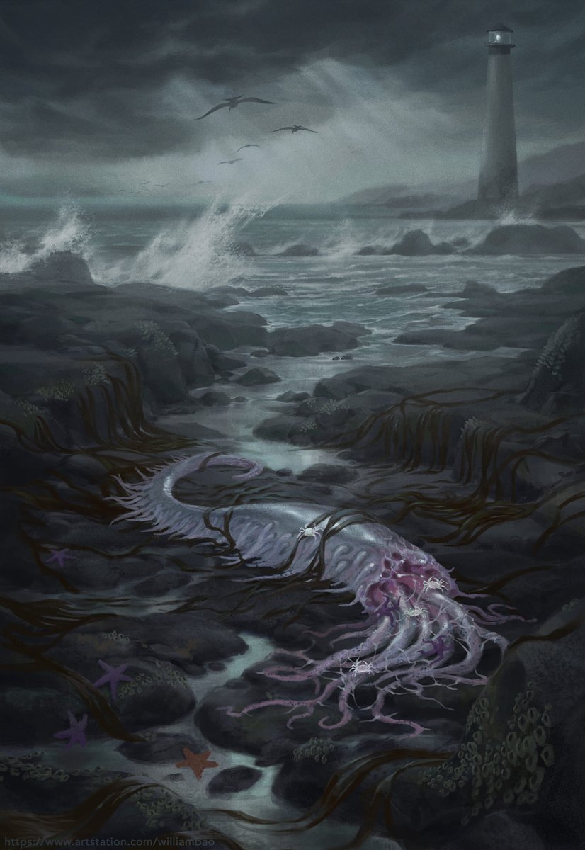 💀I cannot think of the deep sea without shuddering at the nameless things that may at this very moment be crawling & floundering on its slimy bed, worshipping their ancient stone idols & carving their own detestable likenesses on submarine obelisks🎨William Bao💀#HPLovecraft