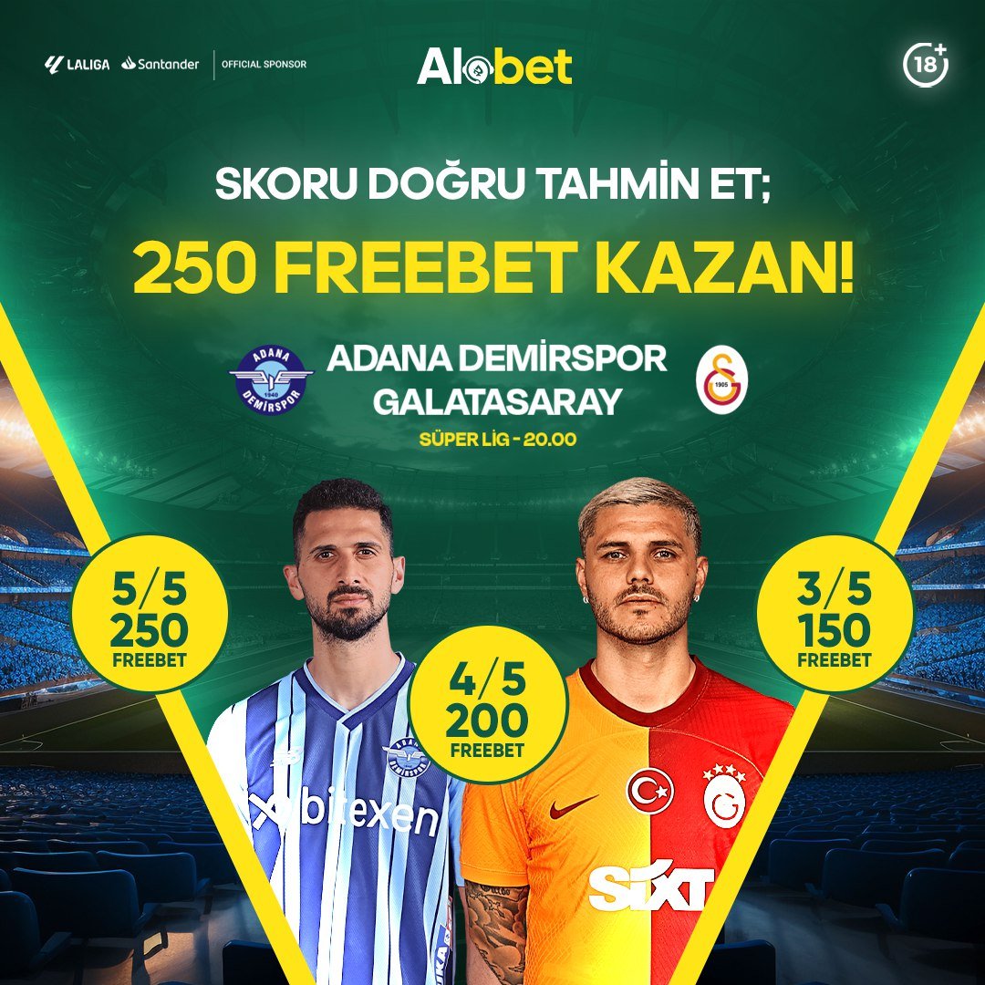 🏆#Alobet Büyük Ödüllü Toto Etkinliği ! ⚽️ #AdanaDemirspor - #Galatasaray #ADSvGS ⚡ Ödül Dağlımları 💢3/5 150 FB 💢4/5 200 FB 💢5/5 250 FB ✅ Şartlar: Takip, Rt, k. adın ve #Alobet tagı ile yorum yap! ‼️ Link üzerinden katılımını tamamla; ➡️alobet.gmdy.link