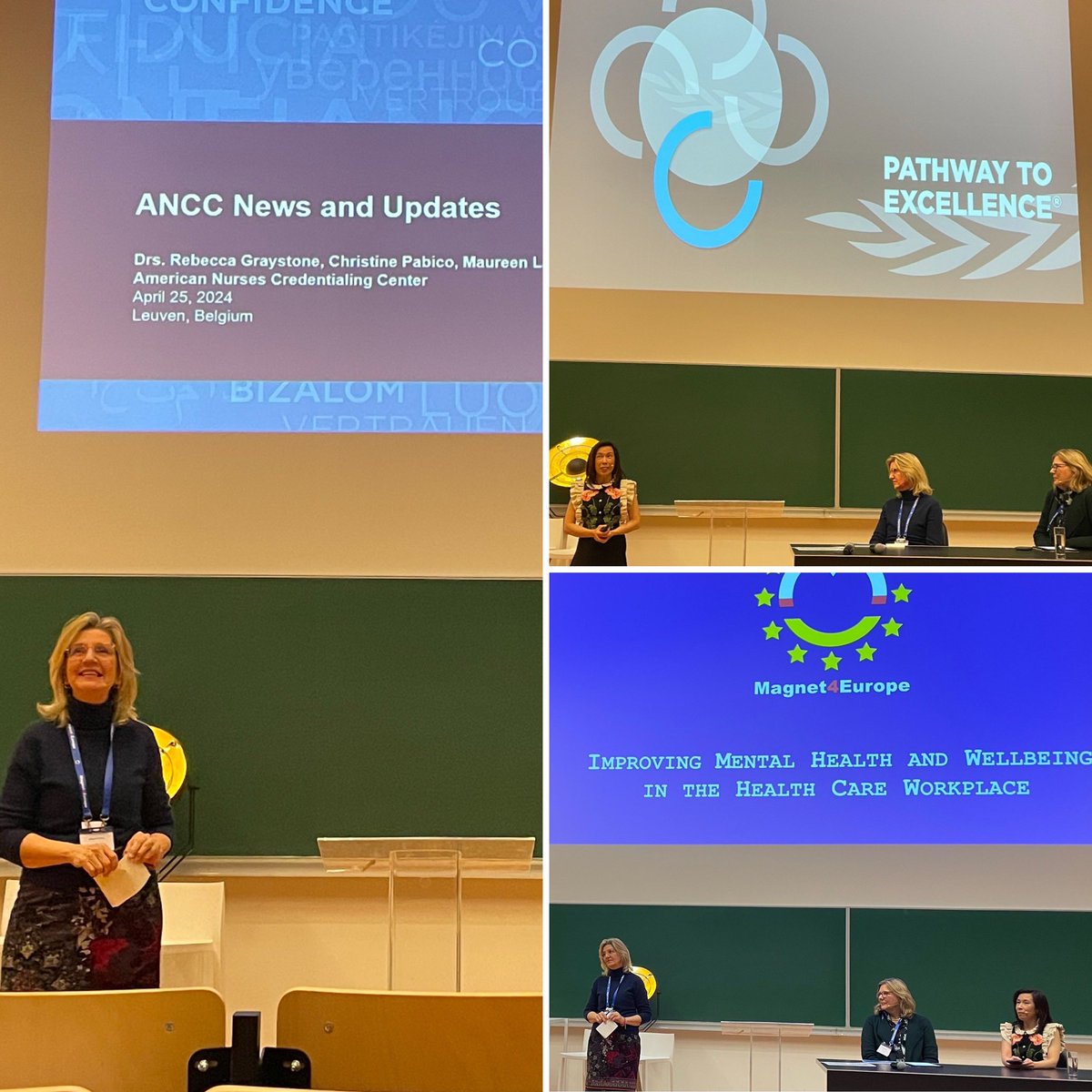 Sharing groundbreaking ANCC updates at the Magnet4Europe Conference with my dear colleagues, @RGraystoneRN and Maureen Lal 💙💚. @pathway_team