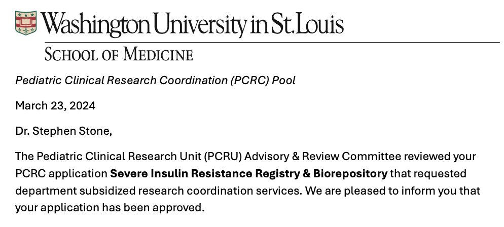 Absolutely trilled to receive support from @WUSTLPeds Pediatric Clinical Research Pool!!! 🔥We are developing a #Registry and #Biorepository for patients with Severe #InsulinResistance Syndromes.