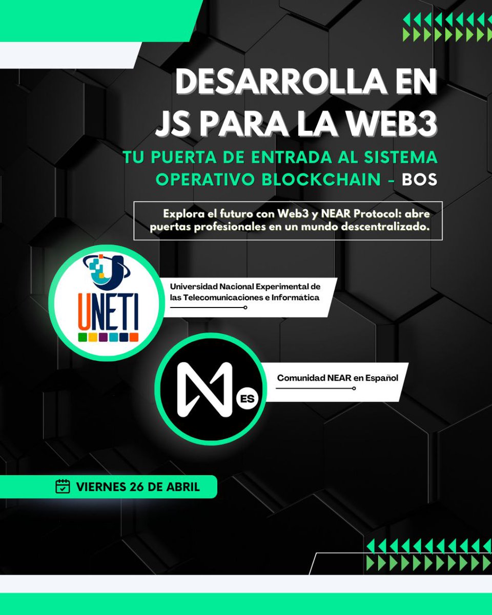 web_3edu's tweet photo. 👩🏻‍💻🧑🏻‍💻 Desarrolla en #JavaScript para la #Web3 .

📅 26 de abril 
⏰ 10:00 AM 🇻🇪
📍 Universidad Nacional Experimental de las Telecomunicaciones e Informática.

👨‍🏫 Presentado por: @ramgor_near  Project Manager de nuestra comunidad #NEARES

Sumérgete en la innovación de Web3.

1/2 https://t.co/0QzJHzpABK