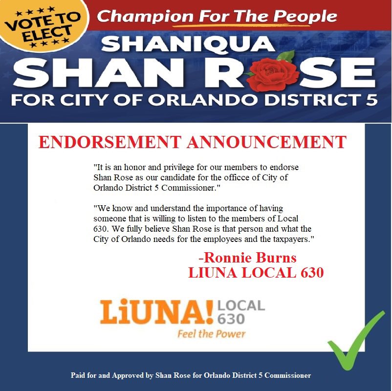 Feeling great on this Thursday afternoon because we were just endorsed by Laborers' International Union of North America (@LIUNA ) Local 630! I am proud to have their endorsement. Thank you LIUNA Local 630! 
#District5 #OrlandoCityCommission #ChampionForThePeople #OrlandoProud