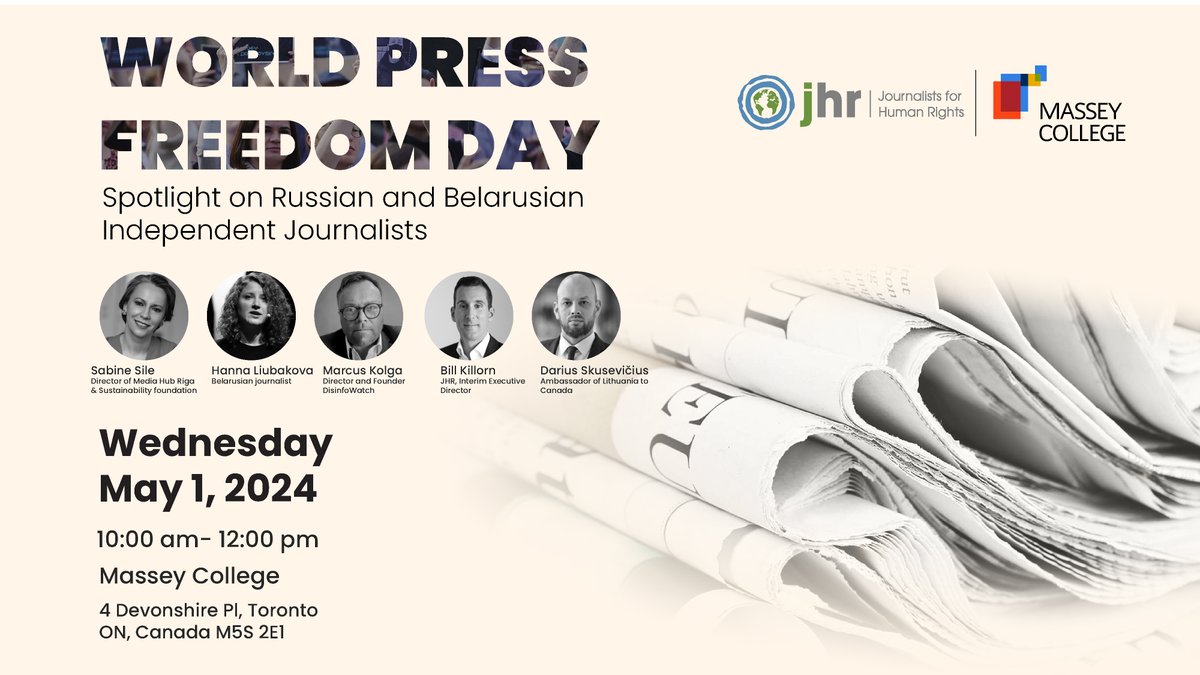 Join us on #WorldPressFreedomDay & launch our new European project, 'Activating Independent Russian and Belarusian Journalists to Combat Information Manipulation,' in person or online at @MasseyCollege @kolga @skusev @HannaLiubakova @sabinesile For more: masseycollege.ca/events/world-p…