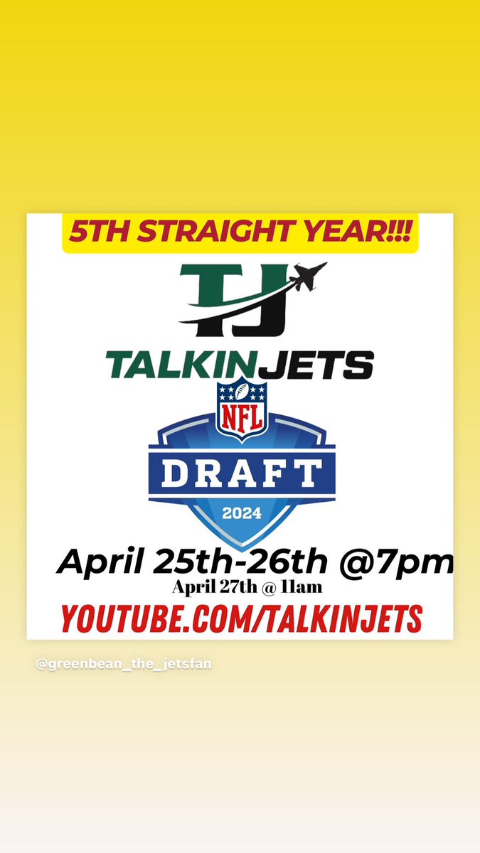 Almost that time!!! GIVEAWAYS INCLUDE: Opener tix TailgateJoe tailgate packages Taylor Made Putter- 100 level game tix- CornHole Boards TalkinJets Merch And more!!! Join us for the #NFLDraft #JetsTwitter #Jets #nyjets
