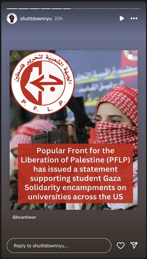It is both appalling and telling that Shut It Down NYU, one of the main groups advocating for NYU to divest from Israel, broadcast the support of US-designated terror organization PFLP for the group's activities on its Instagram account. 🧵