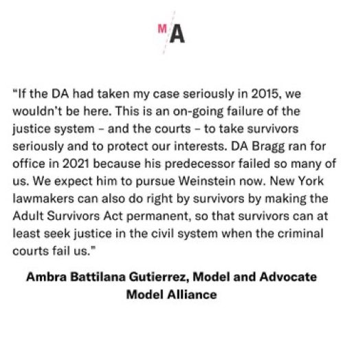 Sending all love to @AmbraBattilana today. Her stmt captures the moment perfectly: We didn’t have to be here. Alvin Bragg must try again. The #AdultSurvivorsAct must be permanent and nationwide.