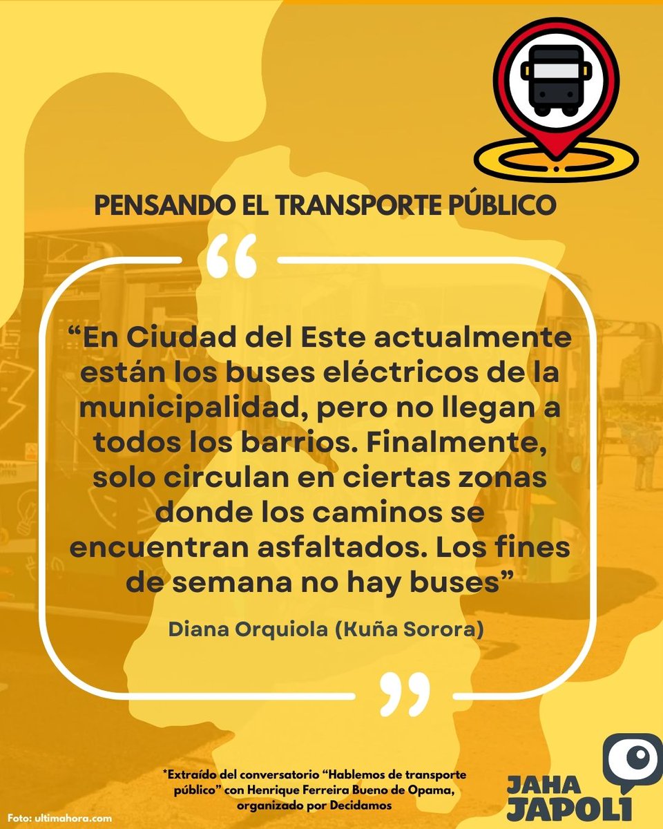 🚌💬 Diana Orquiola de Kuña Sorora en nuestro conversatorio sobre Transporte Público: “Los buses eléctricos en Ciudad del Este no llegan a todos los barrios y circulan solo en zonas asfaltadas”. ¡Unite al debate por un transporte accesible para todos! #TransportePúblico 🛣️✨