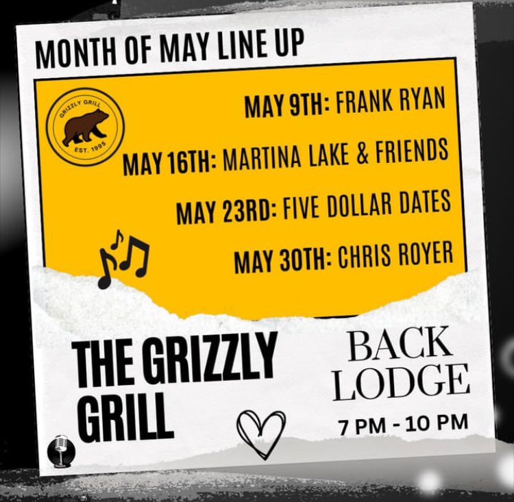 GRIZZLY GRILL (@thegrizzlygrill) on Twitter photo 🎶 LIVE MUSIC: MAY LINE UP 🎶 <a href="/ygk_music/">Kingston Live</a>
Thursday May 9th we will be kick starting ‘Live Music Thursdays’ here @thegrizzlygrill
May:
May 9th: <a href="/frankryan/">frank ryan</a>.music
May 16th: <a href="/martinalake/">Martina Lake</a> @tarynmckenna
May 23rd: @fivedollardates
May 30th: @chris_royer_music 🎶 LIVE MUSIC: MAY LINE UP 🎶 <a href="/ygk_music/">Kingston Live</a>
Thursday May 9th we will be kick starting ‘Live Music Thursdays’ here @thegrizzlygrill
May:
May 9th: <a href="/frankryan/">frank ryan</a>.music
May 16th: <a href="/martinalake/">Martina Lake</a> @tarynmckenna
May 23rd: @fivedollardates
May 30th: @chris_royer_music