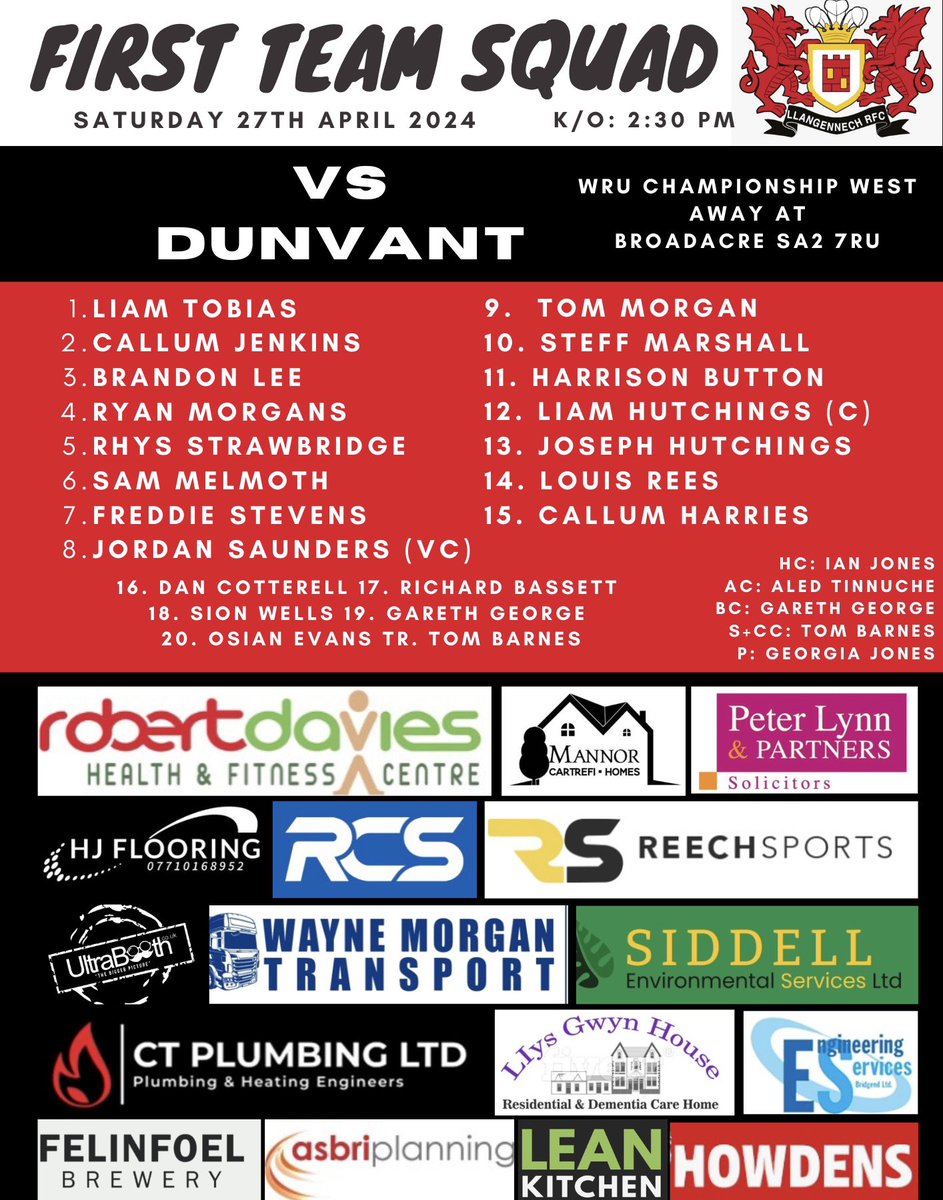 🏉MATCH SELECTION🏉 Here is the squad that travel to @DunvantRFC Saturday for this seasons final game! Good luck to @LiamHutchings3 & the rest of #BoisYLlan ⚫️🔴⚪️