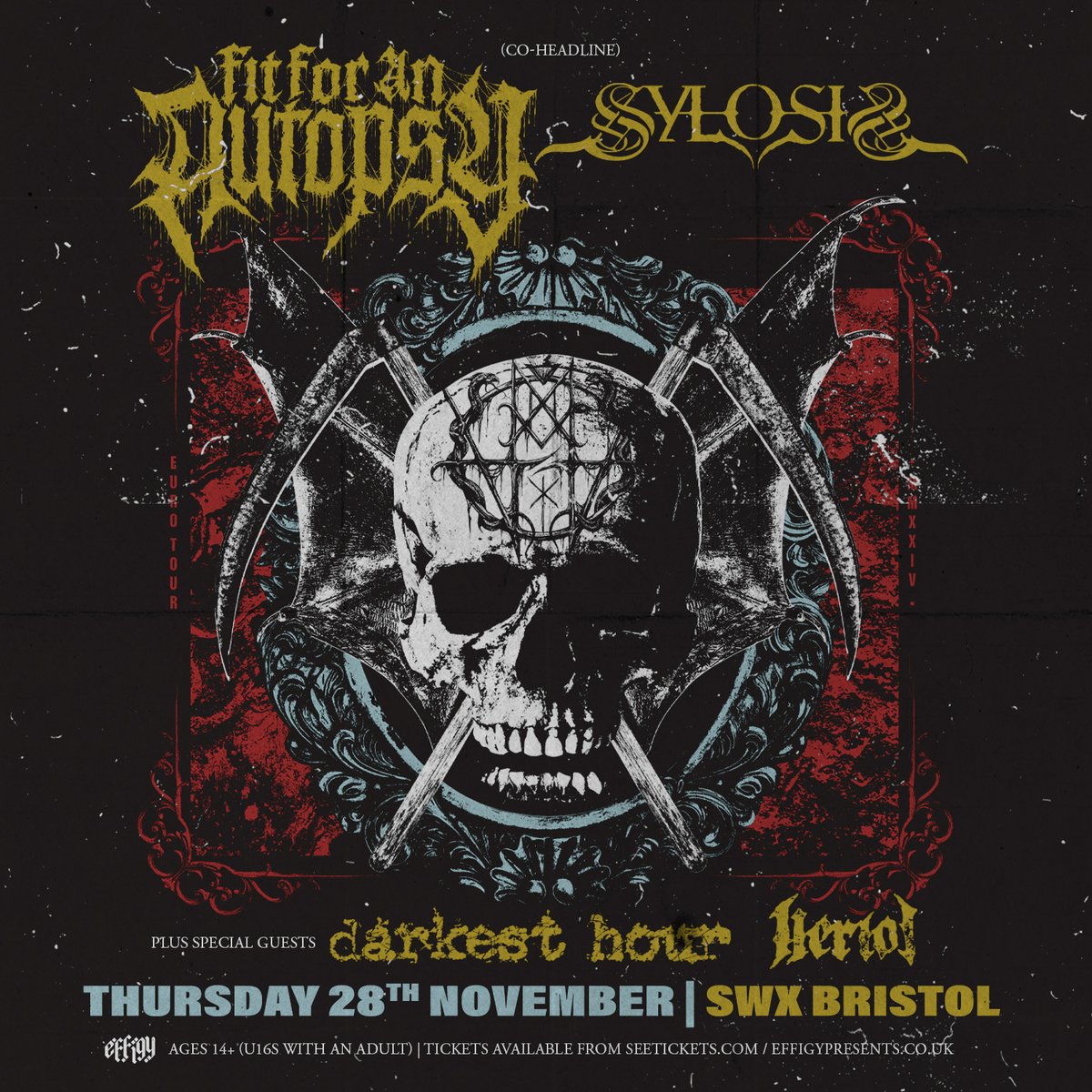 Stacked co-headed agenda announce with @fitforanautopsy & @Sylosis with support from @darkesthourrock & @heriotmetal. Slated for November 28th, tickets go live Monday at 10am via @TicketWebUK. Set reminder💀 #SWX #Live #CoHeader #FitForAnAutopsy #Sylosis