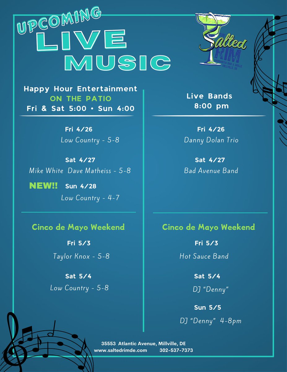 We've made some changes to the upcoming live music so be sure to check it out! Join us on our patio all weekend for the best beach happy hour vibes! #thesaltedrim #livemusic #patioweather #beachvibes #happyhour #LiveEntertainment #delawarebeaches