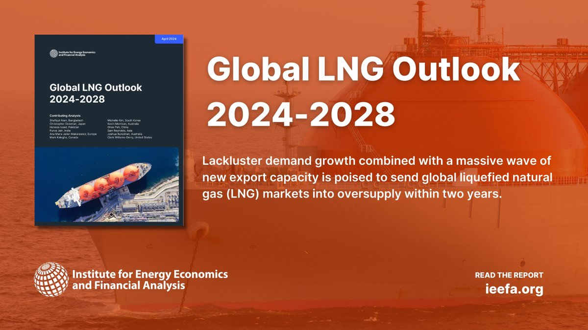 IEEFA_AsiaPac's tweet photo. Global #LNG markets are likely to be oversupplied and undersubscribed within two years. Our new 2024-2028 Global LNG Outlook attributes the accelerating trend to flat demand coupled with a massive wave of new LNG coming online. #ONGT #NatGas 

👇
https://t.co/avUmzS7GEz https://t.co/knczHVX6Hq