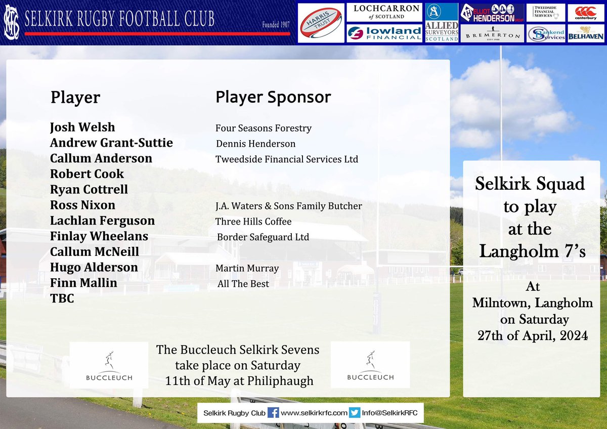 Here is the Selkirk Squad for Langholm Sevens on Saturday. #UpWiTheSouters