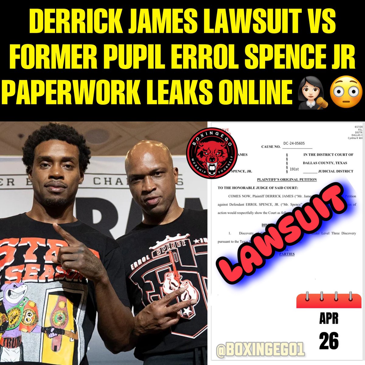 🚨BAD NEWS‼️ 🗞️: Trainer Derrick James is reportedly suing former student Errol Spence Jr over a money dispute from #SpenceCrawford you hate to see it, IT WAS ALL GOOD JUST A WEEK AGO…