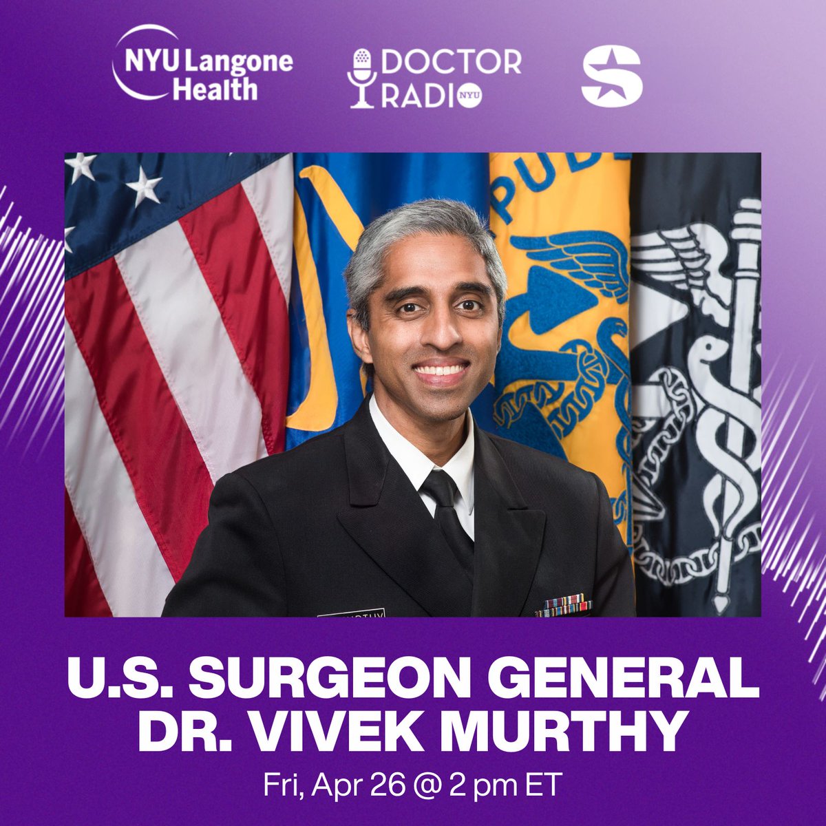 Tune in Friday April 26 at 2pm East, as @DrMarcSiegel speaks with U.S. Surgeon General @Surgeon_General Dr. Vivek Murthy about #mentalhealth disparities, & the importance of #connecting. Tune in here: sxm.app.link/DoctorRadio @SIRIUSXM @nyulangone