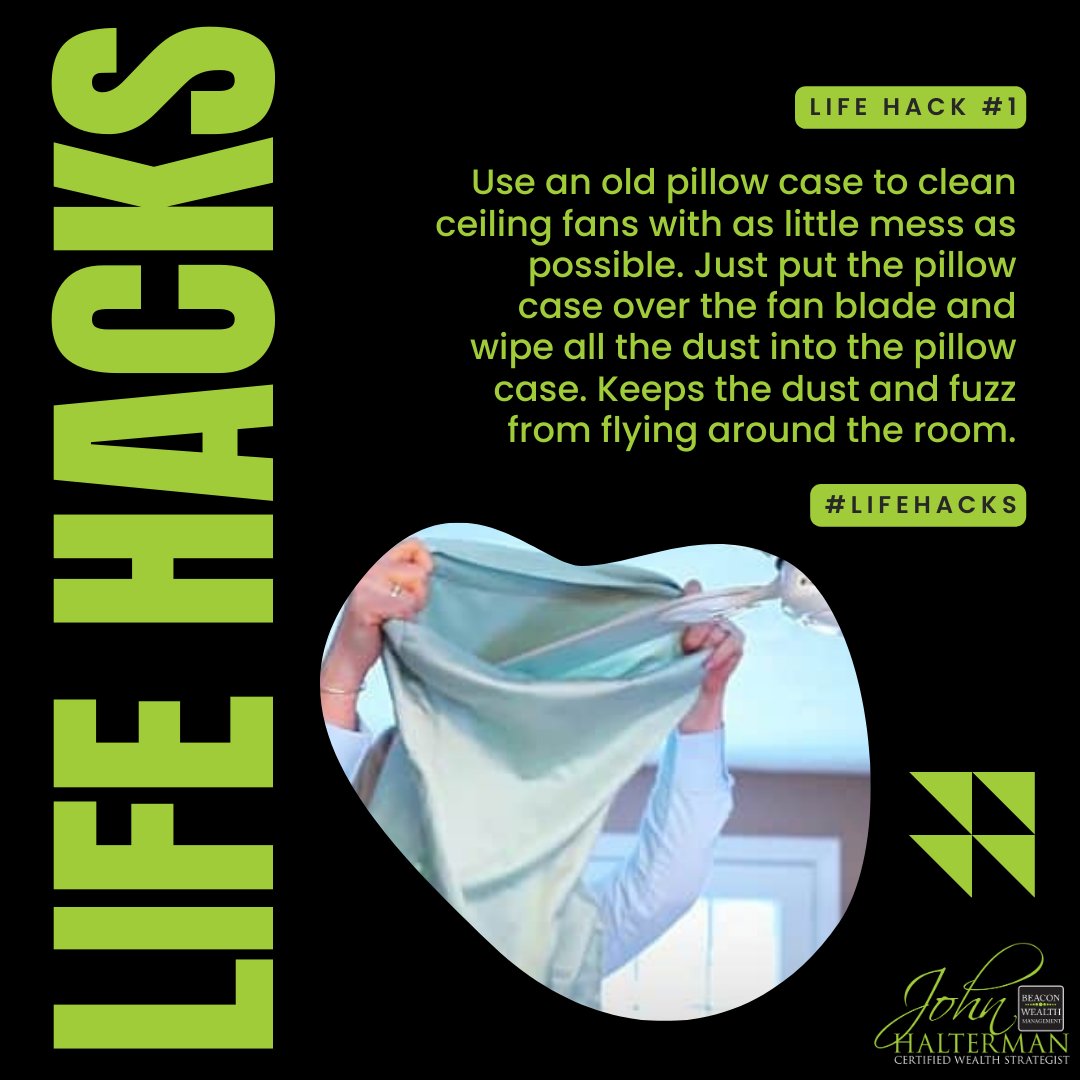 Life hack alert! 💡 Dusty fan blades? No problem! Grab a spare pillowcase and slip it over each blade. Gently press and slide, trapping the dust inside the case instead of it flying everywhere. Voila! Clean fan blades without the mess. #LifeHack #CleaningTips