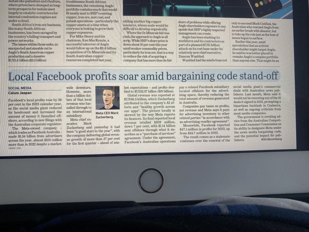 Australia needs a tax evasion inquiry into Meta/Facebook. ⁦@calumjaspan_⁩ reports Meta shifted $A1.14B (2023) of $A1.34B gross revenues offshore through a “purchase of services” agreement for ad space. This smells. Zuckerberg? Take all you can get and give nothing back.