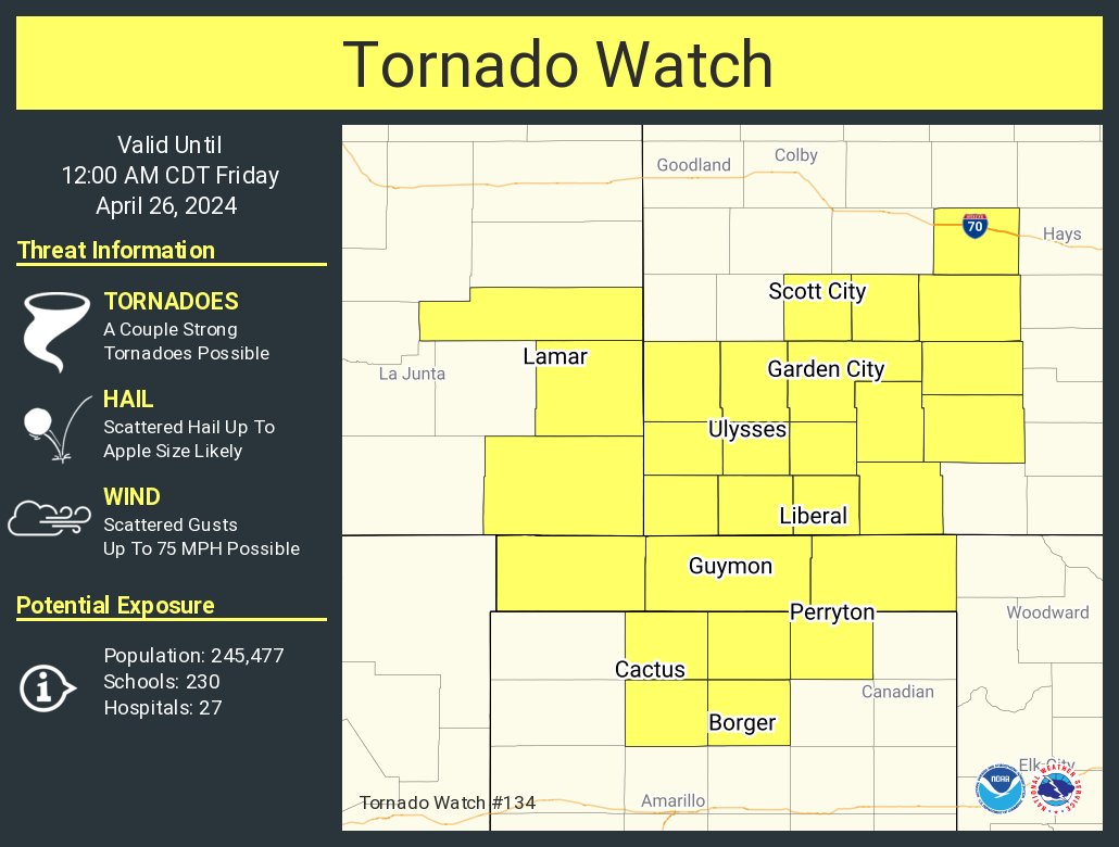NWStornado's tweet photo. A tornado watch has been issued for parts of Colorado, Kansas, Oklahoma and Texas until 12 AM CDT https://t.co/WAXVXpljB4