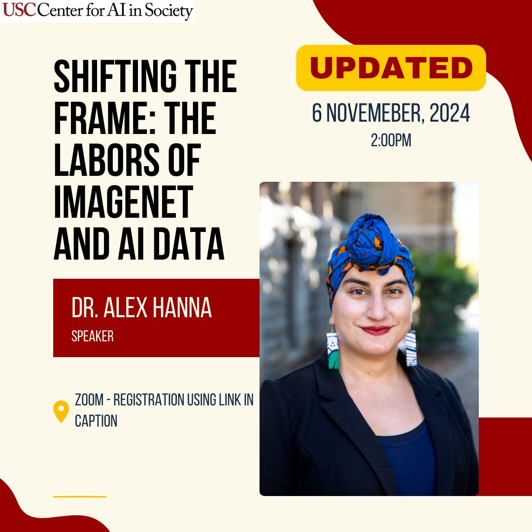 RESCHEDULED! Want to learn more about how investigating datasets like ImageNet reveals ethical imperatives for future tech development? Catch @alexhanna's webinar on Nov. 6 @ 2pm. cais.usc.edu/events/usc-cai… @USCViterbi @uscsocialwork