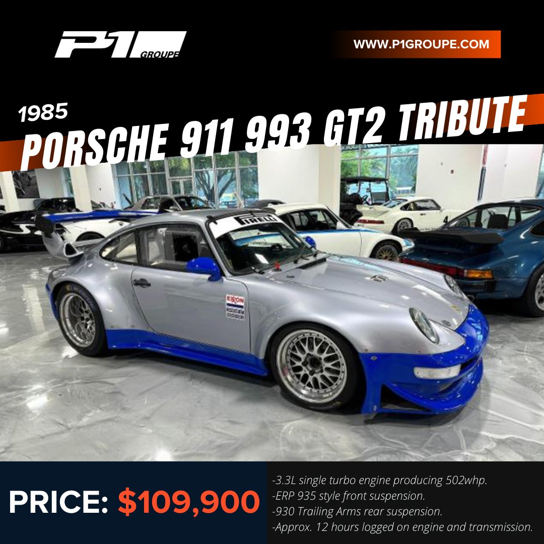 This 1985 Porsche 911 993 GT2 Tribute is now available through P1 Groupe!!

Visit our website at p1groupe.com to make this beautiful Porsche yours today!!

#P1Groupe #GetOnTrack #forsale #porsche #porscheforsale #porschefans #becauseracecar