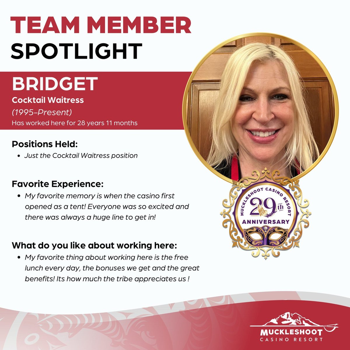 🍾Get to know some of our 20+ years Team Members as we celebrate our 29th Anniversary this weekend! 

✨ Bridget, one of THE BEST Cocktail Waitresses has been with us for basically 29 years! She is our 11th longest Team Member and has served a ton of beverages!