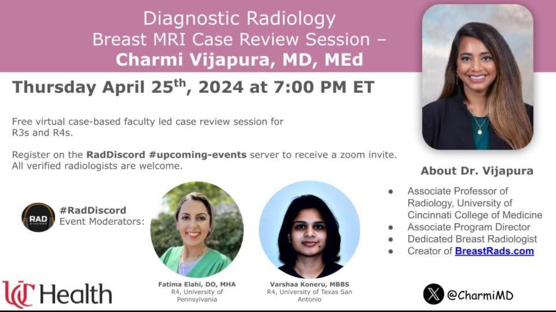 TONIGHT🚨🚨🚨🚨🚨 Breast MRI Case Review Session - Charmi Vijapura, MD, MEd Thursday April 25th, 2024 at 7:00 PM ET