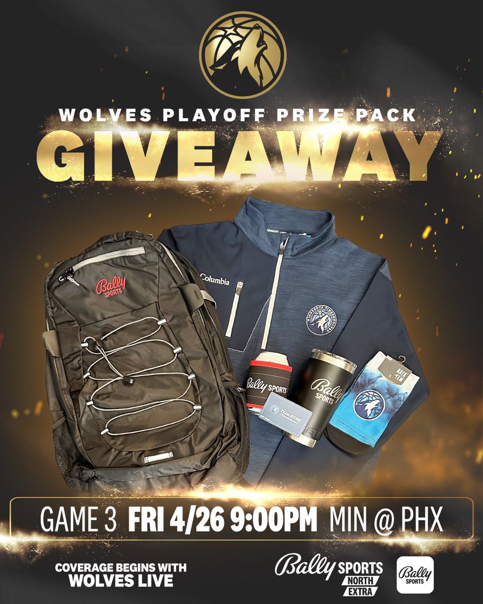 FanDuelSN_NOR's tweet photo. Series shifts to Phoenix! Watch Wolves-Suns Game 3 - Coverage begins Friday at 9pm on Bally Sports North Extra. #WolvesBack
 
➡️Follow @BallySportsNOR + repost this for a chance to score a @Timberwolves Playoff Prize Pack featuring a $50 @TeamStoreWolves gift card.

NO PURCHASE NECESSARY. 18+. Legal residents of MN only. See OFFICIAL RULES at https://t.co/eVhd3kDRcV