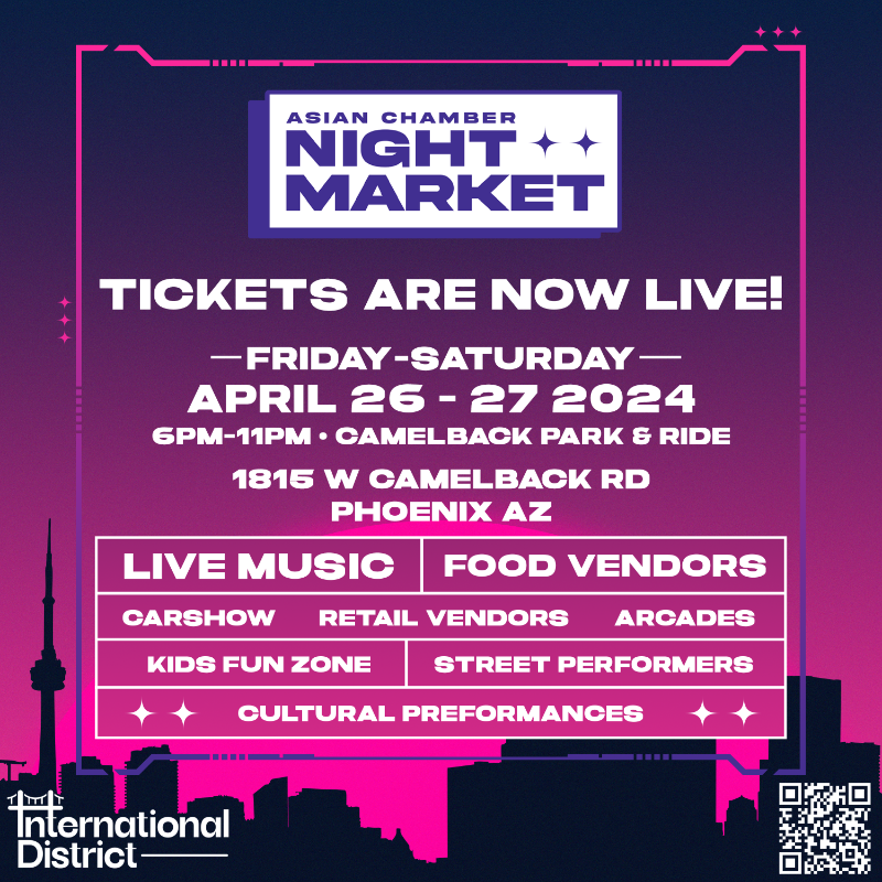 GPEC's tweet photo. 🌟 THIS WEEKEND 🌟 The long-awaited @CityofPhoenixAZ International District launch will be announced at the @AZAsianChamber Night Market on Apr. 26-27, which will celebrate culture &amp; community w/ live music, unique food &amp; vendors. Tickets ⬇️ #ACCNMDragon #internationaldistrictaz