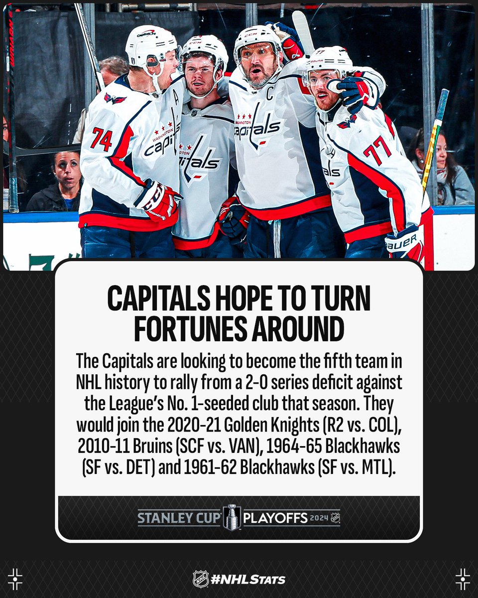 The @Capitals are home for the first time in the 2024 #StanleyCup Playoffs and will look to earn their first win of the series when they face the Rangers at 7 p.m. ET on @NHL_On_TNT, @SportsonMax, @TVASports & @Sportsnet 360. #NHLStats: media.nhl.com/public/news/17…