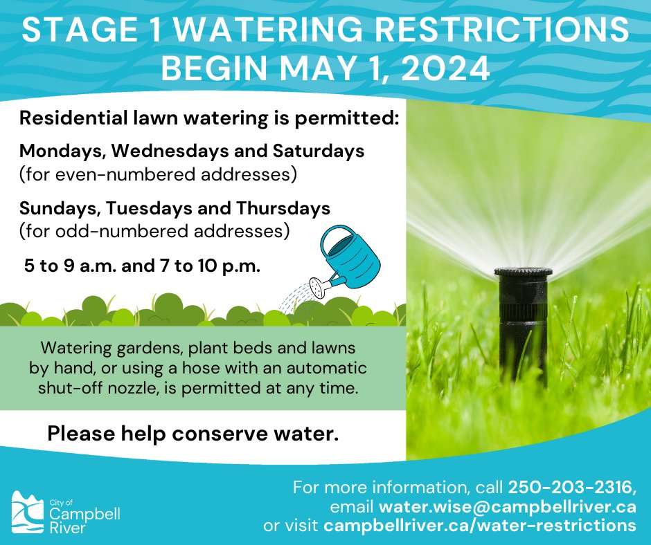 Stage one watering restrictions come into effect on Wednesday, May 1, 2024. Please follow the restrictions, and be aware of your water use. 💧 🌞 For more information, visit campbellriver.ca/water-restrict…