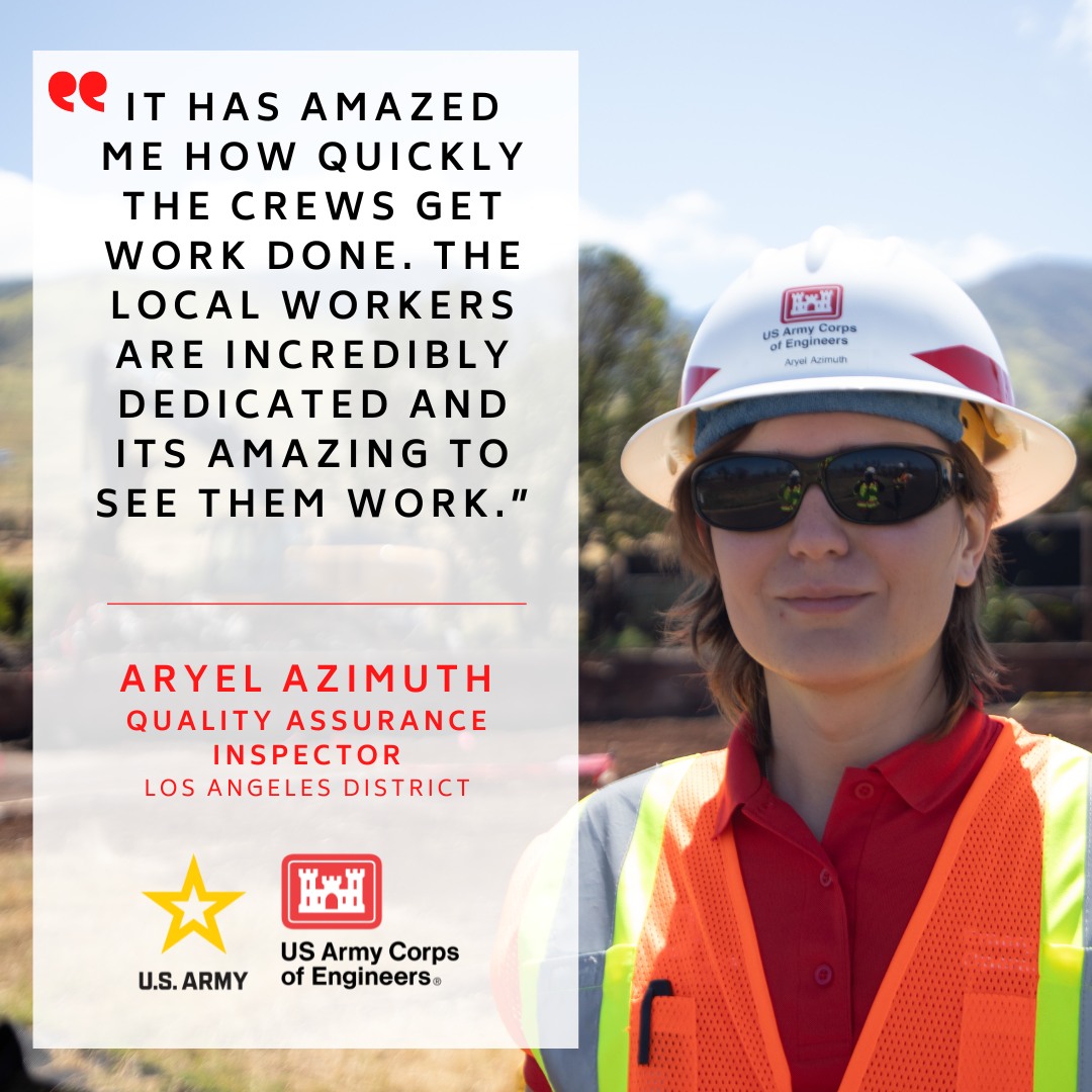 Aryel Azimuth, @LADistrictUSACE geographer, supports the #HawaiiWildfires recovery mission as a quality assurance inspector ensuring that cleanup and restoration efforts meet #USACE standards and regulations.📸: Makenzie Leonard @CountyofMaui @Hawaii_EMA @maui_ema @StPaulUSACE