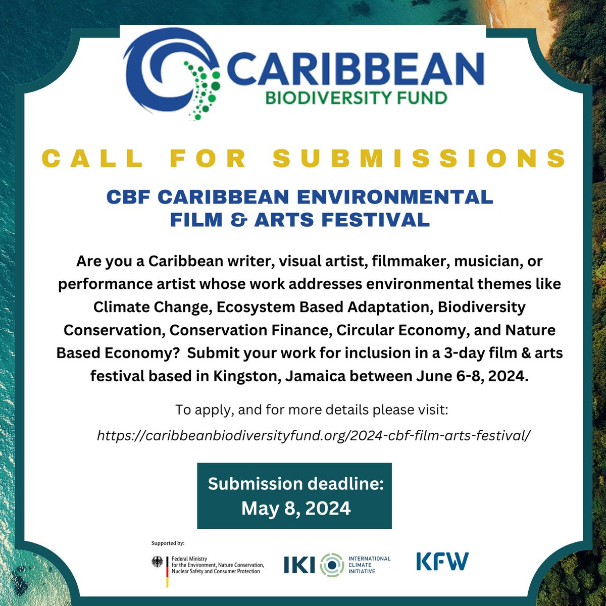 Calling all Caribbean artists! Are you passionate about environmental conservation? Submit your work to be featured in the upcoming CBF Caribbean Environmental Film & Arts Festival by Wednesday, May 8, 2024. 🗓️ June 6 - 8, 2024 📍Kingston, Jamaica ➡️ tinyurl.com/4brua87k