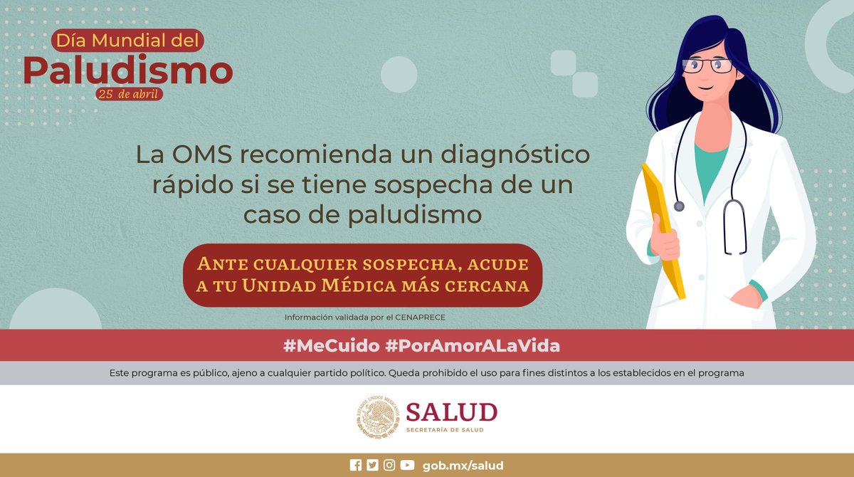 25 de abril I Día Mundial del #Paludismo 🦟 El paludismo puede ser mortal si no se trata a tiempo. El diagnóstico oportuno salva vidas. Acude a tu Unidad Médica más cercana 🏥 Conoce más en ➡ bit.ly/4aQs8xQ #MeCuido #PorAmorALaVida