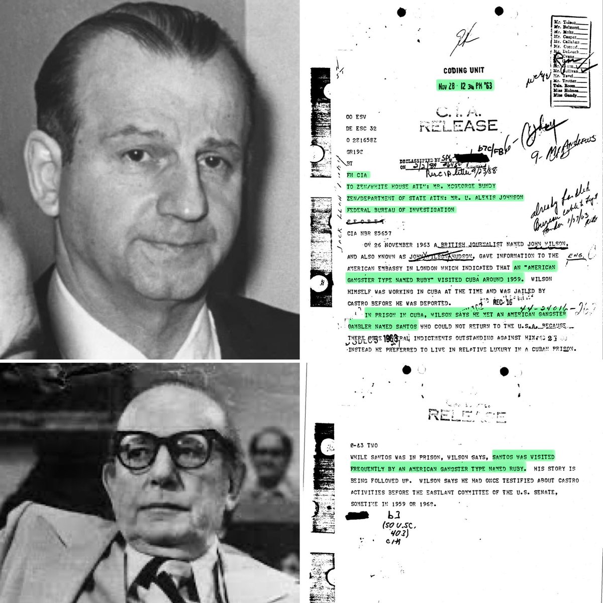 In September 1976, DCI George H.W. Bush, intrigued by Jack Anderson's article, learns of a 11/28/63 CIA cable mentioning Jack Ruby's visit to Cuban prisoner Santo Trafficante. He promptly seeks confirmation from DDCI Henry Knoche, leading Bush to request a copy. The cable